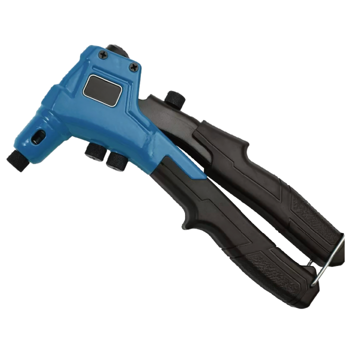 ALUMINUM 8" RIVETER WITH 4 DIFFERENT RIVET SIZED NOZZLES.