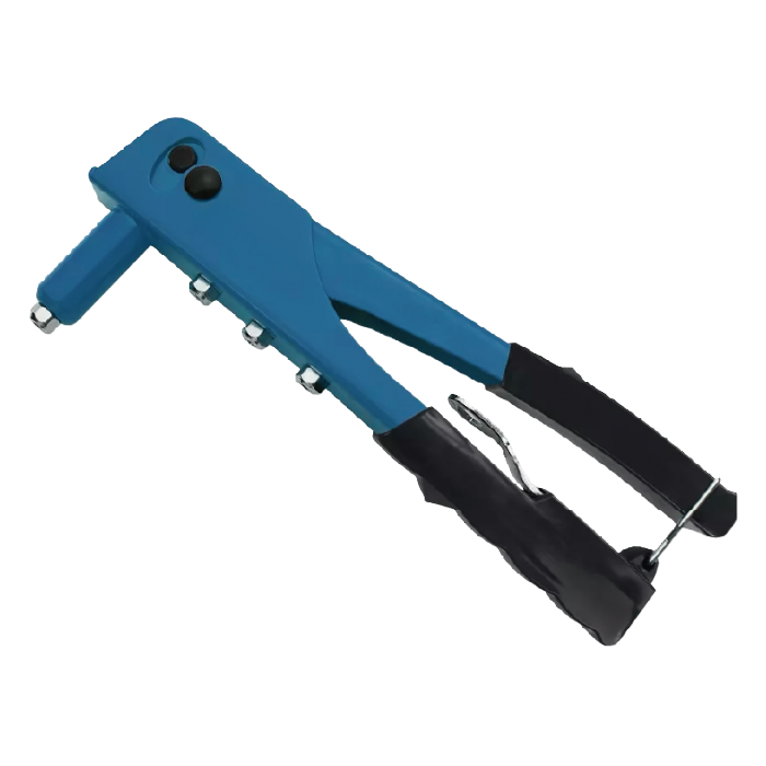 STEEL 9.5" RIVETER WITH 4 DIFFERENT RIVET SIZED NOZZLES.