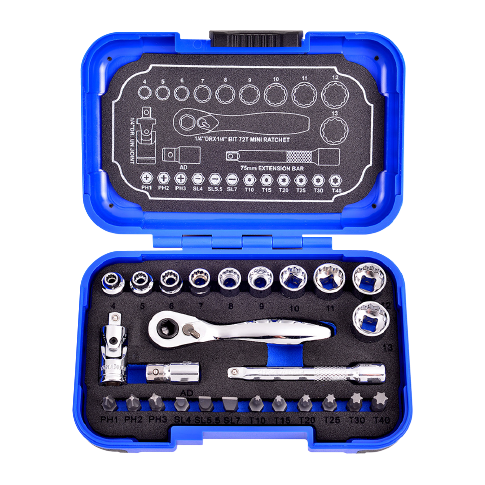 26 PCS 1/4" DR. × 1/4" 72T SUPER SHORT SOCKET AND BIT SET