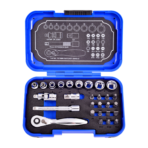 28 PCS 1/4" DR. 72T SUPER SHORT SOCKET AND BIT SET