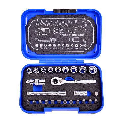 26 PCS 1/4" DR. × 1/4" 72T SUPER SHORT SOCKET AND BIT SET