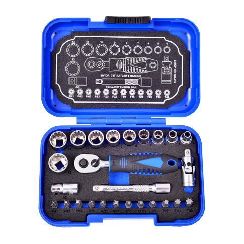 26 PCS 1/4" DR. 72T SPLINE SOCKET WRENCH AND BIT SET