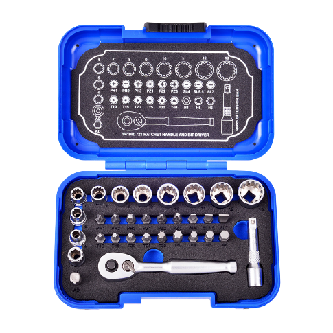 32 PCS 1/4" DR. 72T SPLINE SOCKET WRENCH AND BIT SET