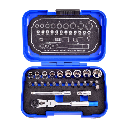 25 PCS 1/4" DR. 72T FLEXIBLE SPLINE SOCKET AND BIT SET