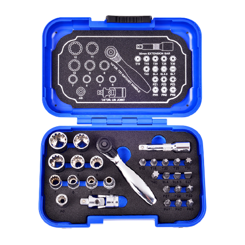 28 PCS 1/4" DR. 72T SPLINE SOCKET WRENCH AND BIT SET