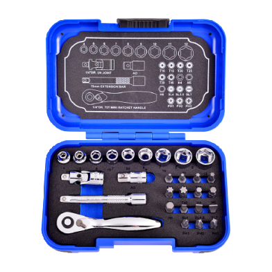 28 PCS 1/4" DR. 72T SUPER SHORT SOCKET AND BIT SET