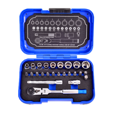 25 PCS 1/4" DR. 72T FLEXIBLE SPLINE SOCKET AND BIT SET