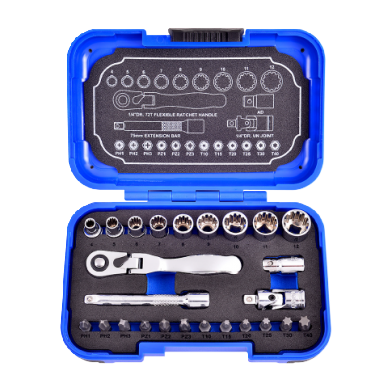 25 PCS 1/4" DR. 72T FLEXIBLE SPLINE SOCKET WRENCH AND BIT SET